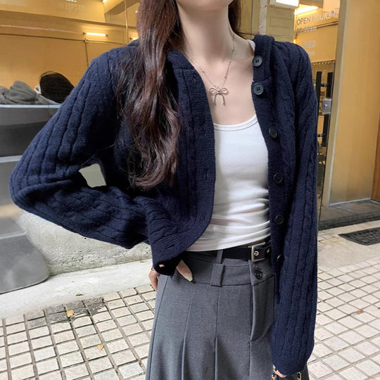Damen Strickjacke mit Kapuze im Zopfdesign EB