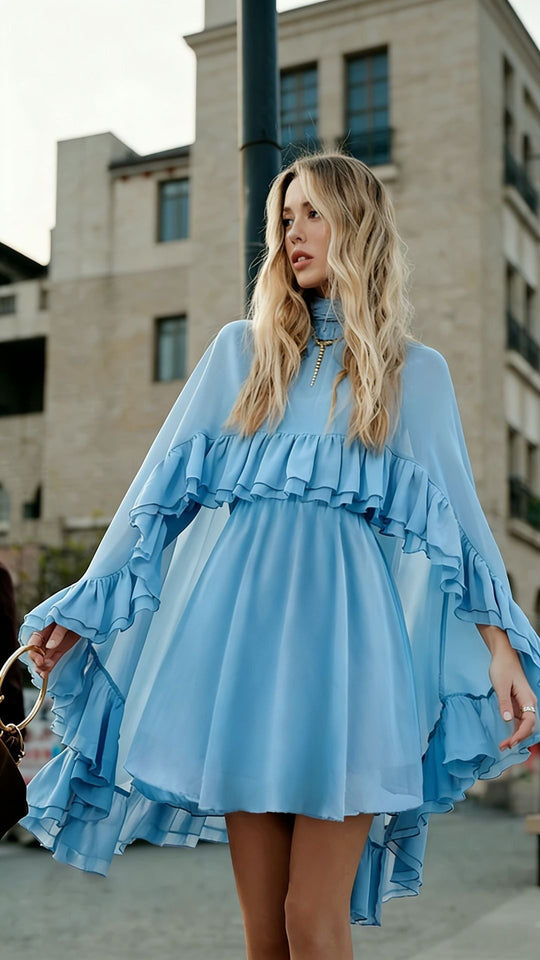 Damen Elegantes Rüschendress mit hochgeschlossenem Ausschnitt und fließendem Schnitt EB