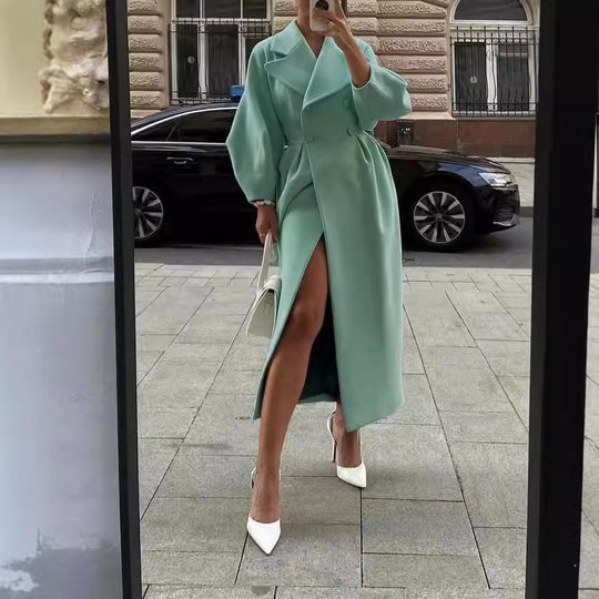 Damen eleganter Trenchcoat mit hohem Schlitz und Puffärmeln EB