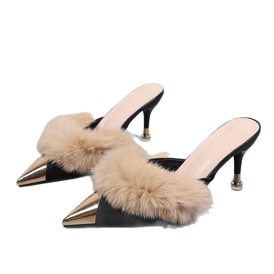 Damen modische Slingback-Pumps mit luxuriösem Kunstfellkragen und glänzendem Metallabsatz EB