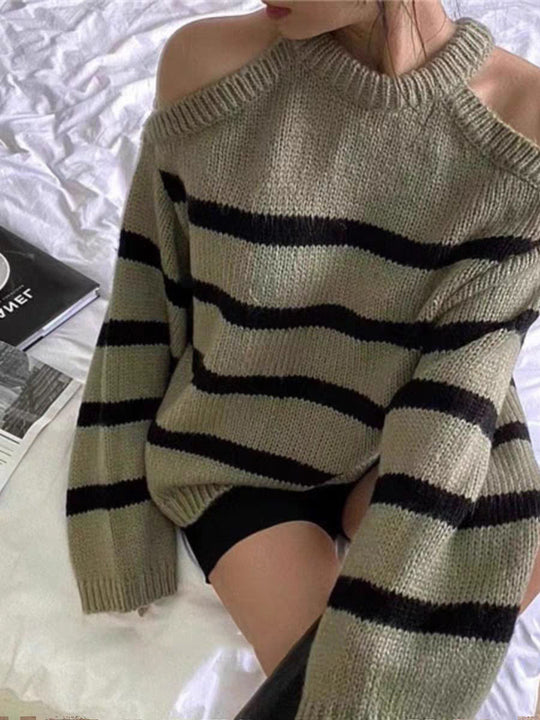 Damen Off-Shoulder Strickpullover mit Streifenmuster und lässigem Schnitt EB