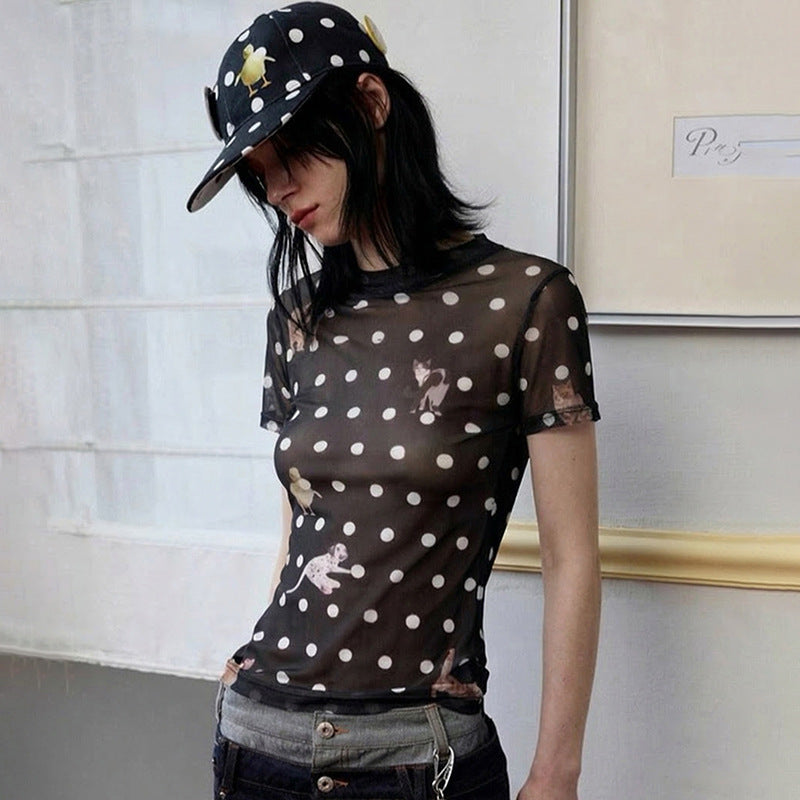 Damen Figurbetontes Polka-Dot T-Shirt mit verspieltem Tierdesign EB