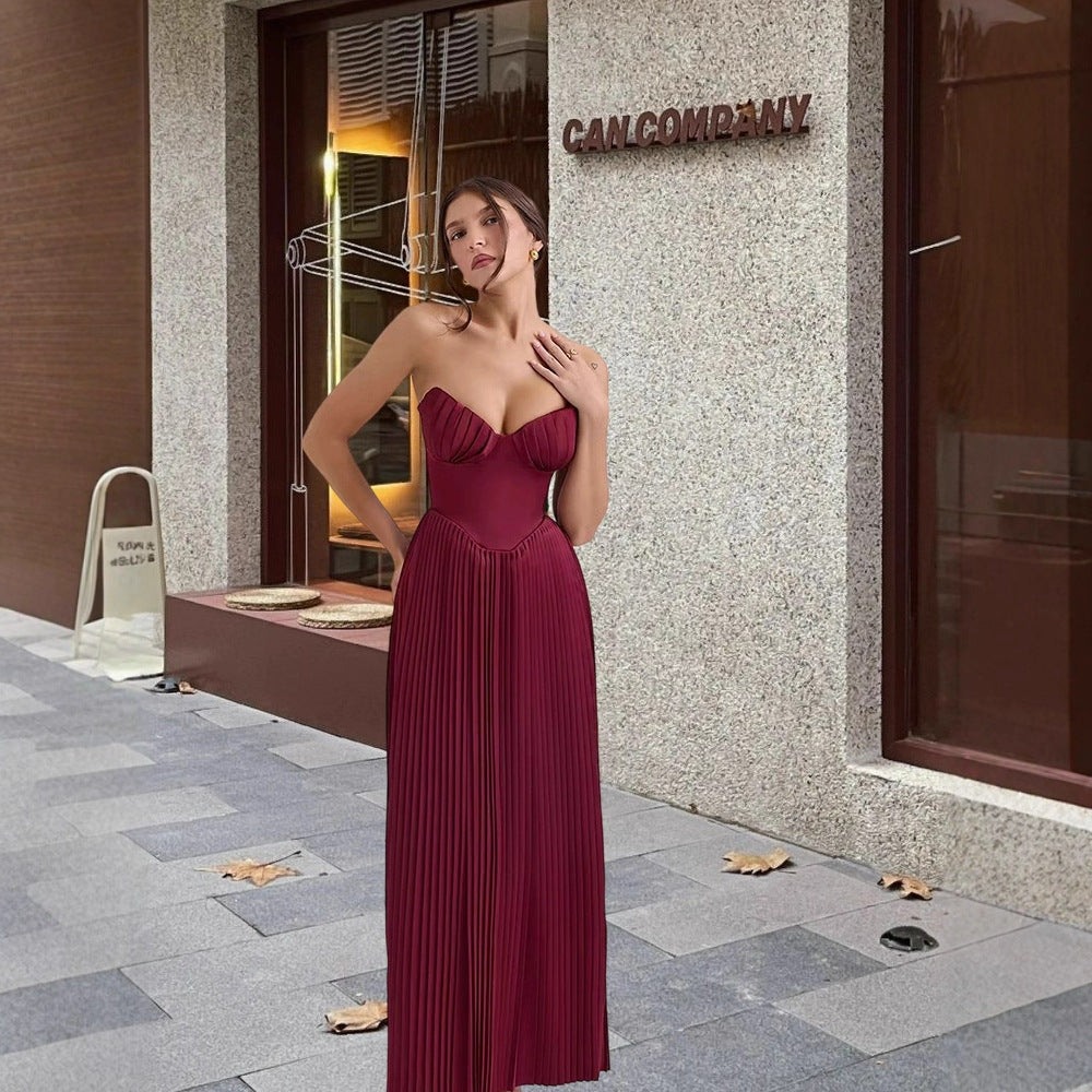 Damen Plissiertes Maxikleid mit herzförmigem Ausschnitt und elegantem Schnitt EB