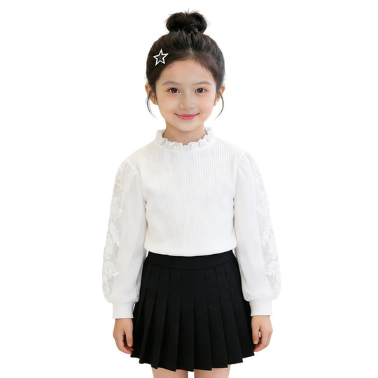Mädchen elegante Bluse mit Rüschen und bestickten Ärmeln EB