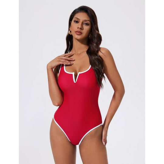 Damen Einteiliger Badeanzug mit tiefem V-Ausschnitt und kontrastierenden Details EB