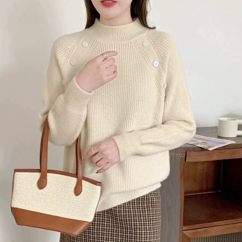 Damen Grobstrickpullover mit modernem Stehkragen und Knopfdetails EB