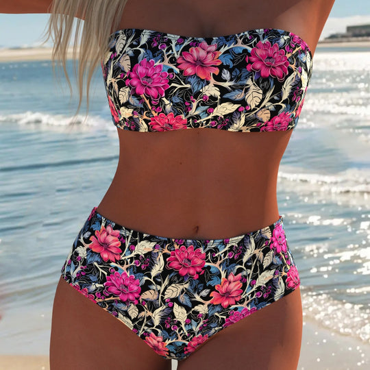 Damen Bandeau-Bikini-Set mit hohem Taillenschnitt und floralem Design EB