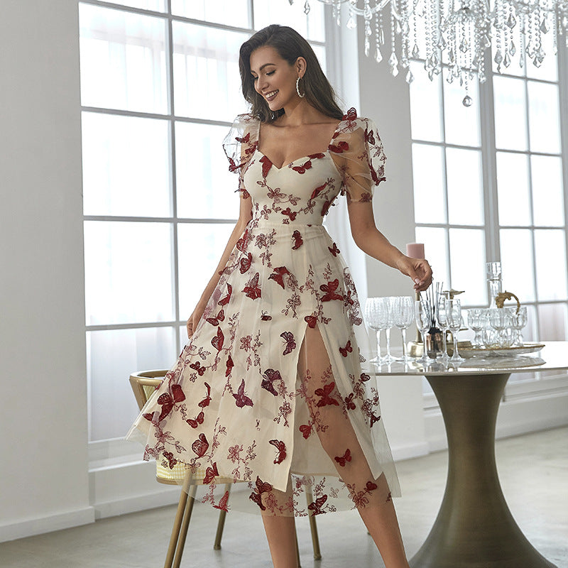 Damen Midikleid mit floralem Applikationsdesign und Puffärmeln EB