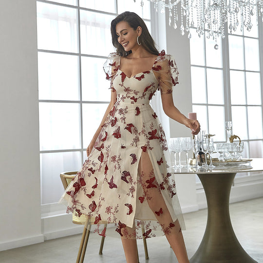 Damen Midikleid mit floralem Applikationsdesign und Puffärmeln EB