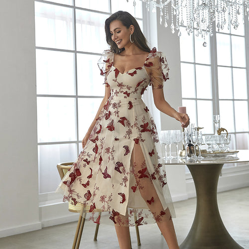 Damen Midikleid mit floralem Applikationsdesign und Puffärmeln EB