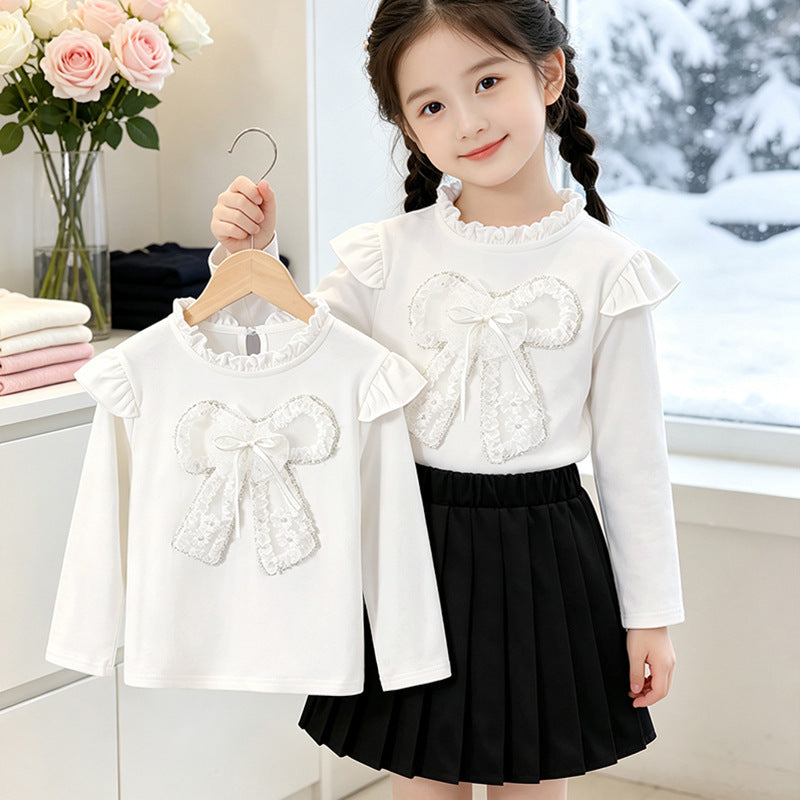 Mädchen Langarmshirt mit romantischem Rüschendesign und dekorativem Schleifenmotiv EB