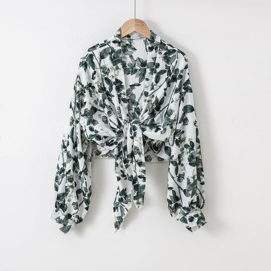 Damen nan florale Knoten-Bluse im Wickelstil mit Ballonärmeln und leichter Leinenoptik EB