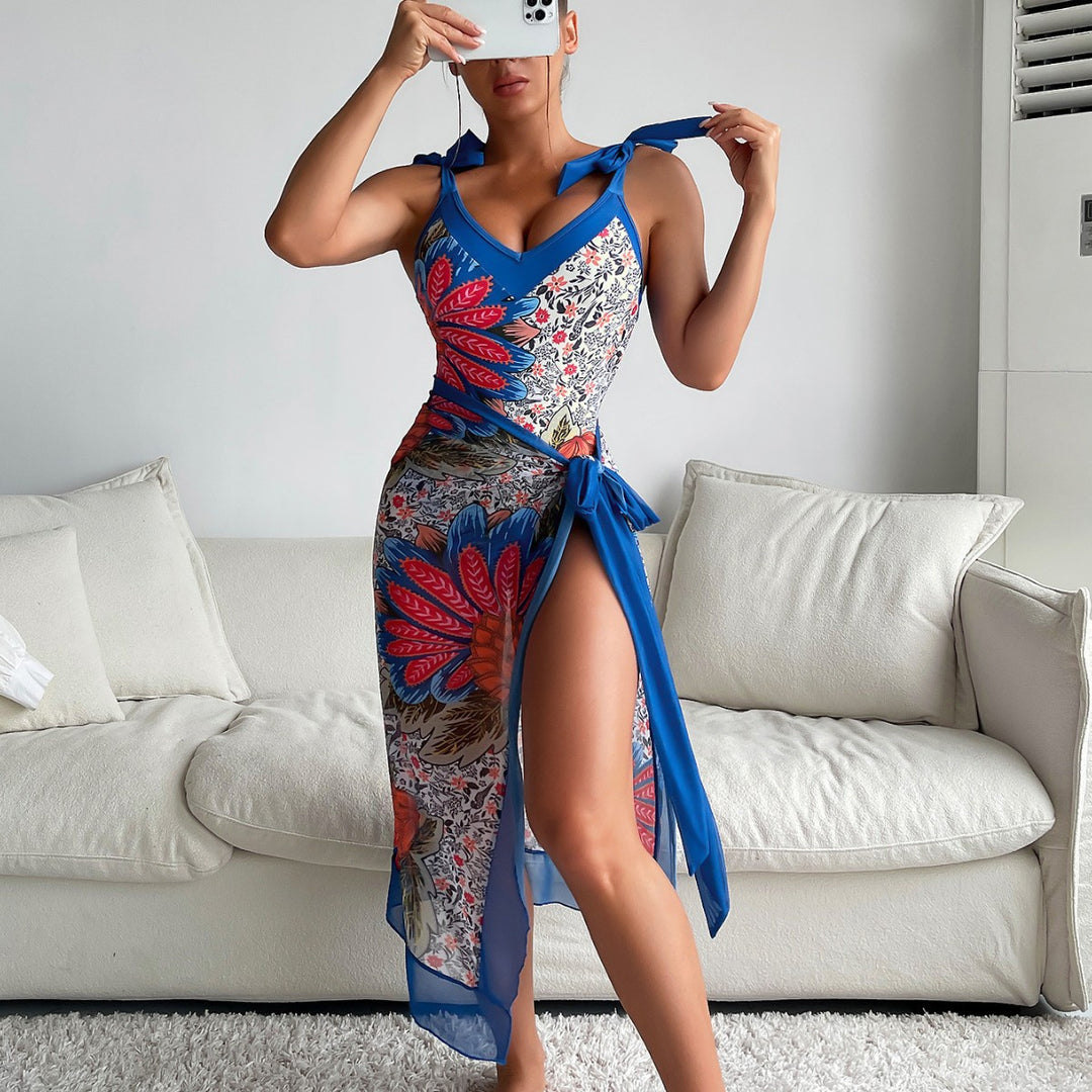 Damen Eleganter und komfortabler Blumendruck-Badeanzug mit passendem Wickelrock EB