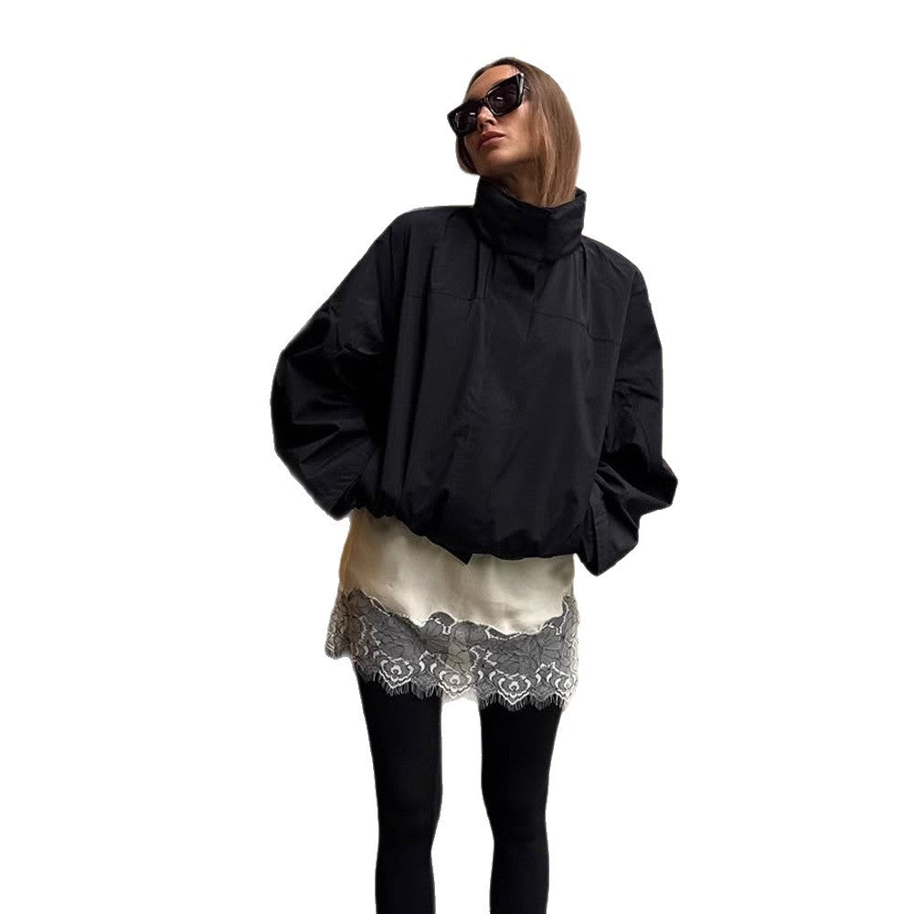 Damen lässige oversized Jacke mit hohem Kragen und verstellbarem Verschluss EB