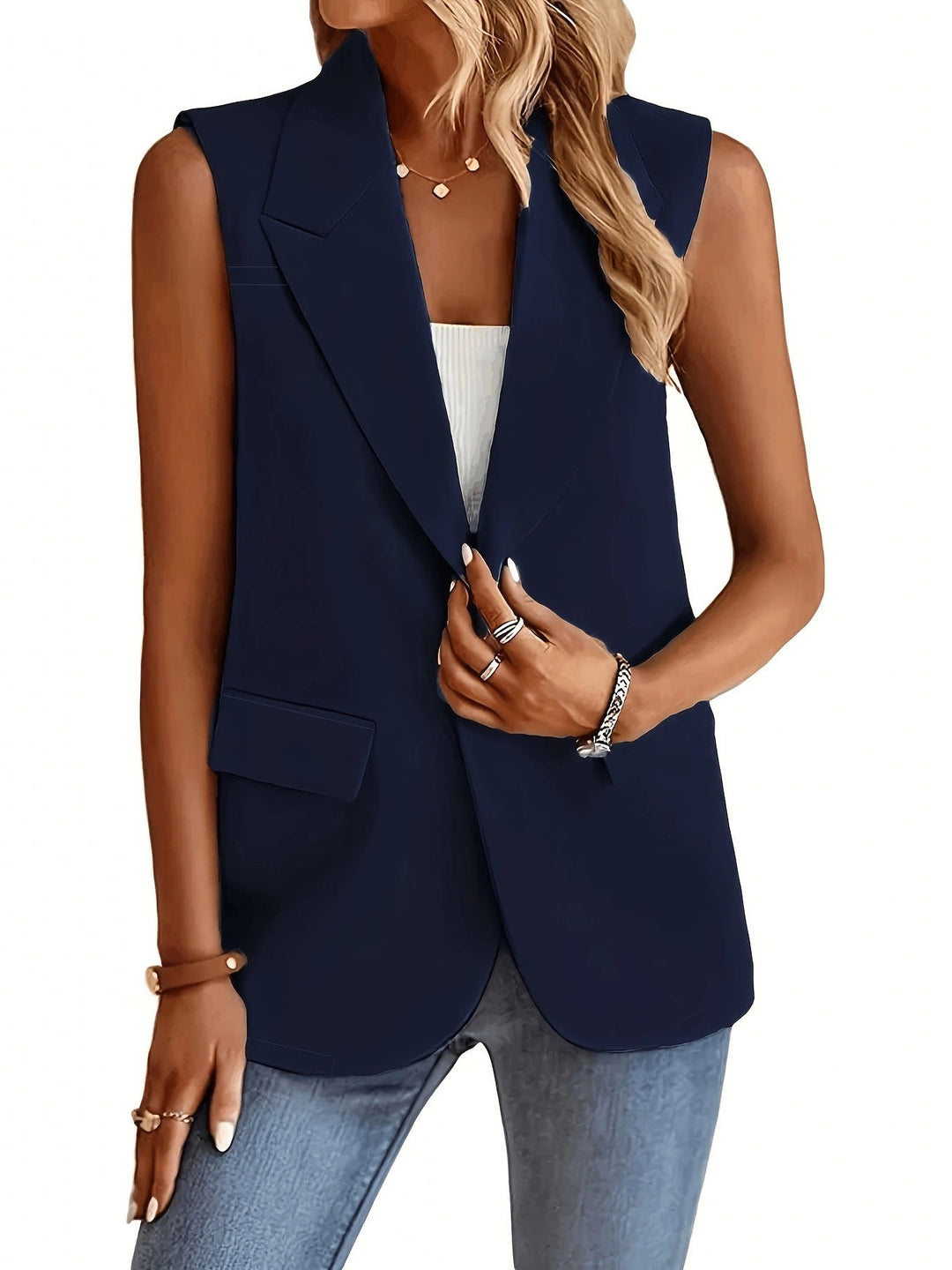 Damen ärmellose Blazerjacke mit Taillenakzenten und praktischen Taschen EB