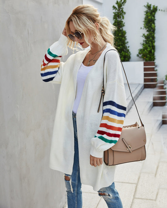 EB | Strickjacke Offene Front Langer Entspannter Schnitt Farbgestreifte Ärmel