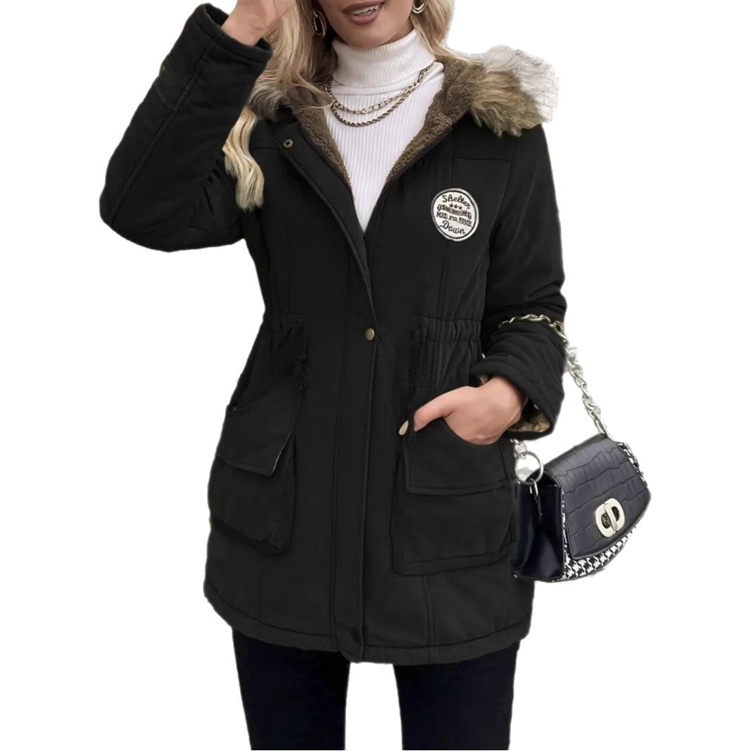 Damen taillierter Parka mit Teddyfutter, Kunstfellkapuze und Multifunktions-Taschen EB