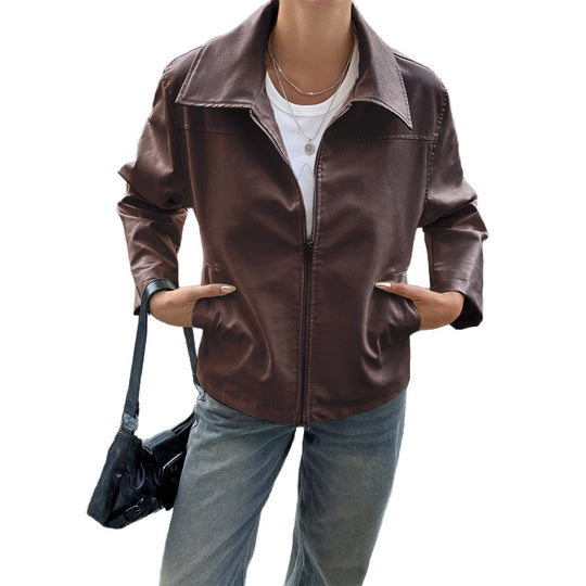 Damen nan elegante Kunstlederjacke mit Reißverschluss, Hemdkragen und Eingrifftaschen EB