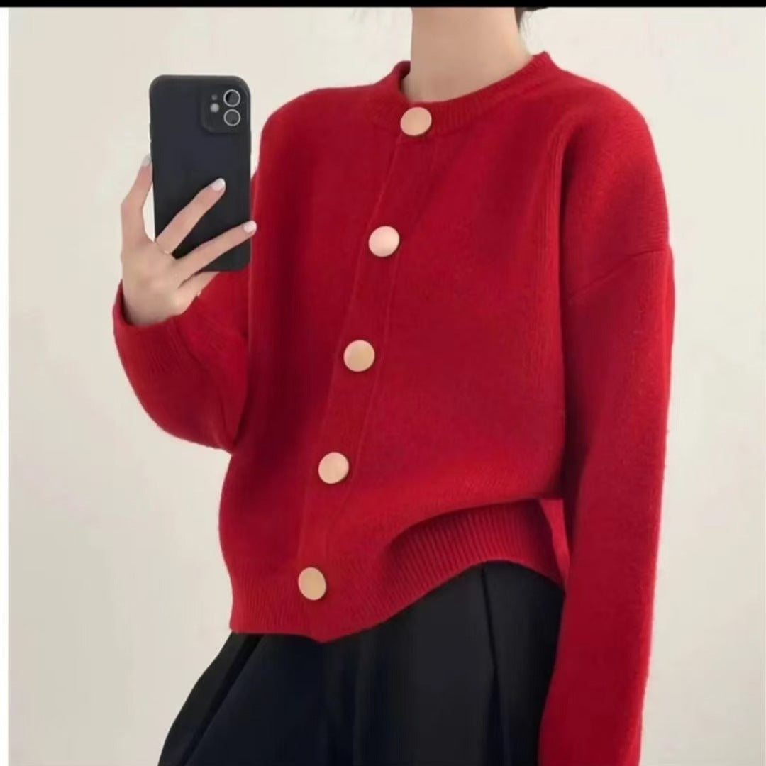 Damen Kuschelige Strickjacke mit großen Knöpfen und elegantem Design EB