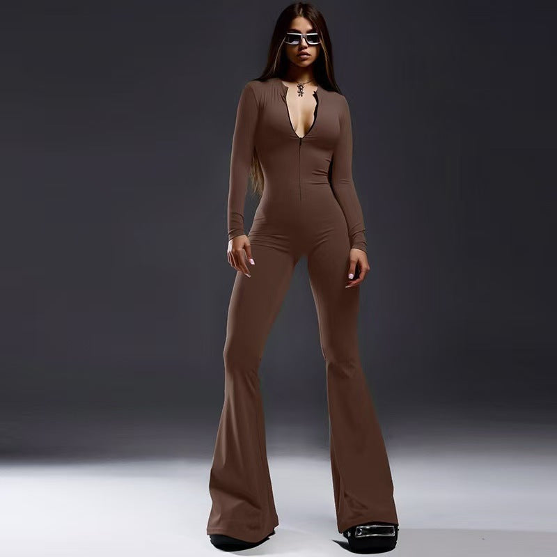 Damen Figurbetonter Jumpsuit mit tiefem V-Ausschnitt und ausgestellten Beinen EB