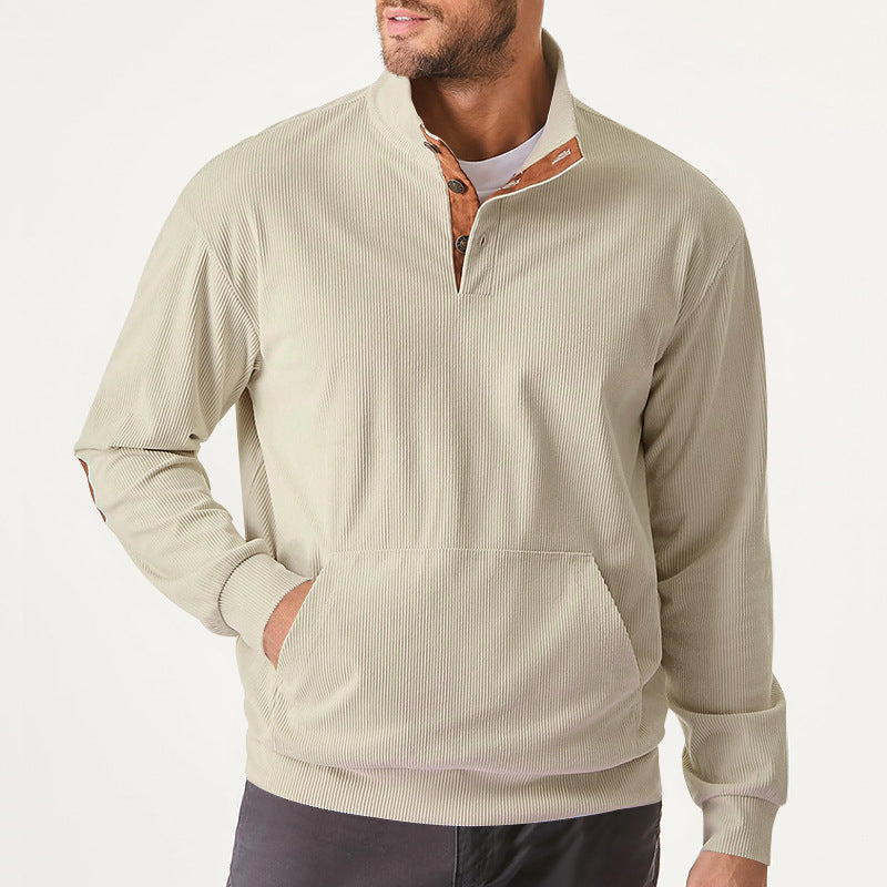 Herren Strukturiertes Ripp-Henley-Sweatshirt mit Stehkragen, Kängurutasche & Velours-Ellbogenpatches EB