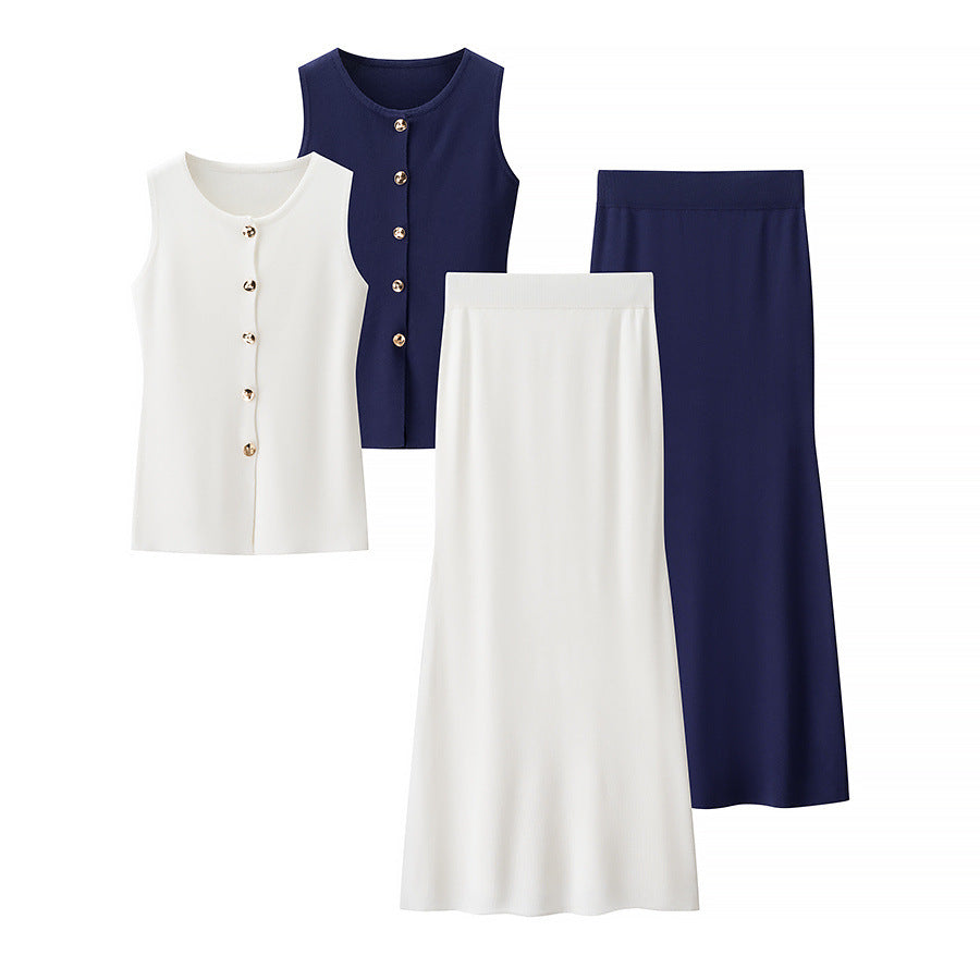 Damen Set aus ärmellosem Oberteil mit Knopfdetails und schwingendem Rock EB