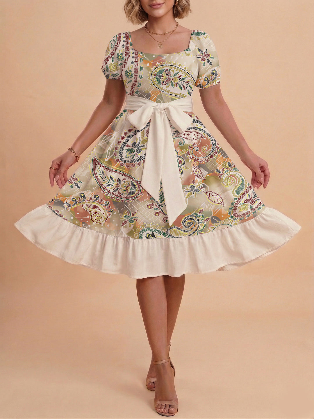 Damen modernes Blumenkleid mit elegantem Taillengürtel und asymmetrischem Saum EB