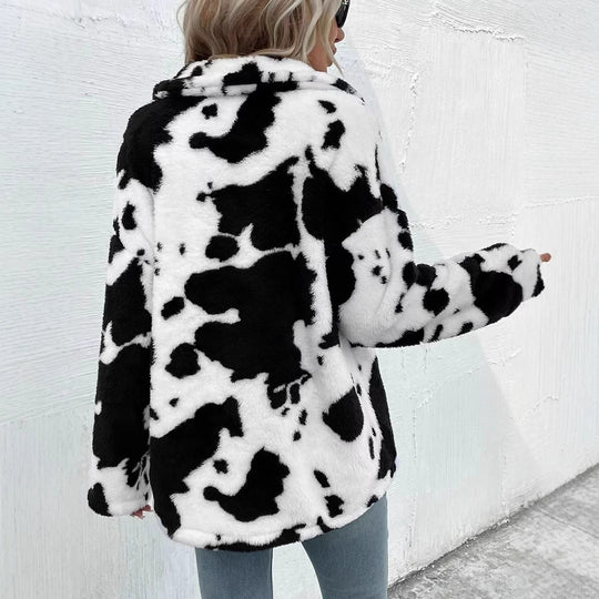 Damen Kuschelige Fleecejacke mit modischem Tierfellmuster EB