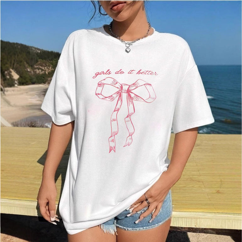 Damen T-Shirt mit kreativem Katzenmotiv und verspielter Schleife EB
