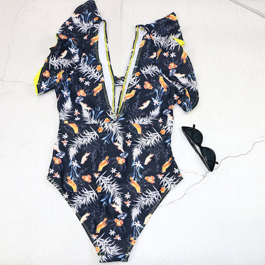 Damen Badeanzug mit floralem Design und frischem Wickelbund EB