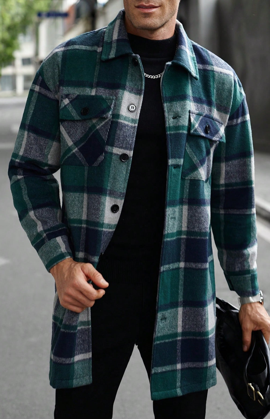 Herren karierte Flanelljacke mit knöpfbaren Taschen und modernem Schnitt EB