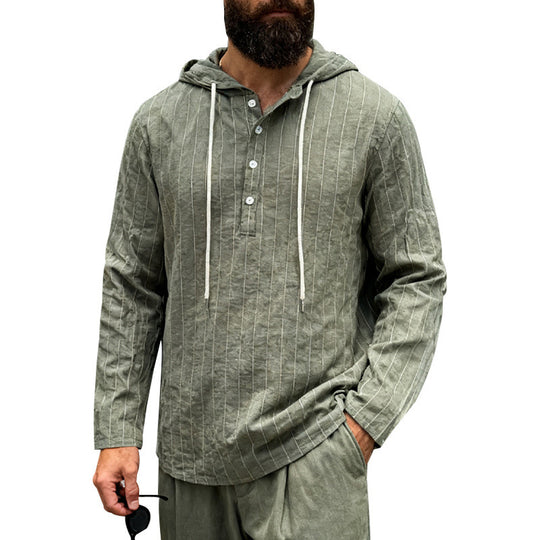 Herren nan Kapuzenshirt aus Leinenmix mit halber Knopfleiste und Nadelstreifen EB