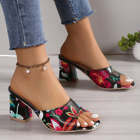 Damen elegante Mules mit floralem Design und komfortablem Blockabsatz EB