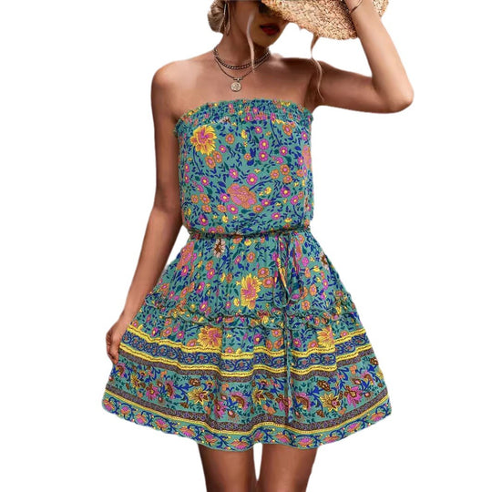 Damen Schulterfreies Minikleid mit buntem Blumenmuster und elastischem Taillenbund EB