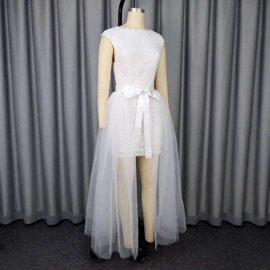 Damen Midi-Brautkleid mit verziertem Oberteil und transparentem Tüll Überrock EB