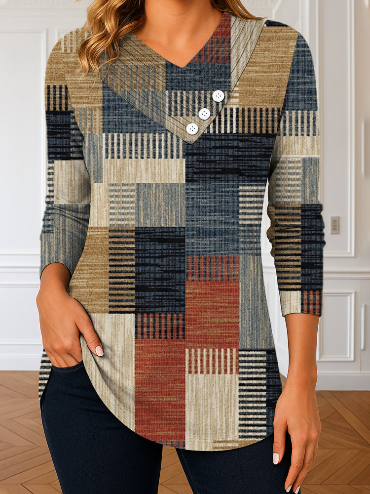 Damen Langarm-Tunika mit asymmetrischem V-Ausschnitt, Zierknopfleiste und kariertem Patchworkmuster EB