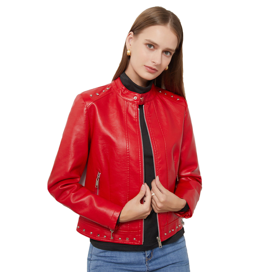 Damen nan kurze taillierte Kunstlederjacke mit Stehkragen Zwei-Wege-Reißverschluss und Ziernietensaum EB