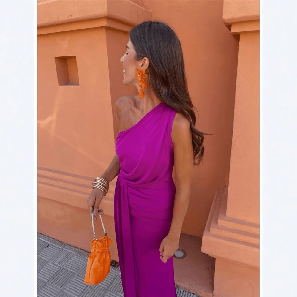 Damen Maxikleid mit asymmetrischem Ärmeldesign und eleganter Drapierung EB