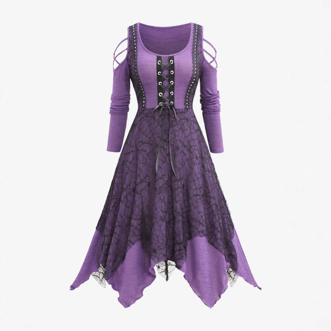 Damen Gothic Maxikleid mit Spitzenbesatz und Schnürung EB