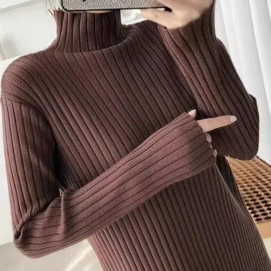 Damen Strickkleid mit feiner Rippstruktur und hohem Kragen EB