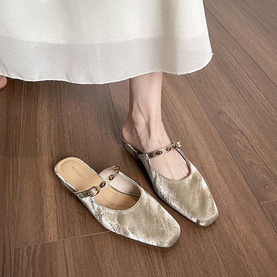 Damen elegante Mules mit dekorativem Riemen und glänzender Schnalle EB