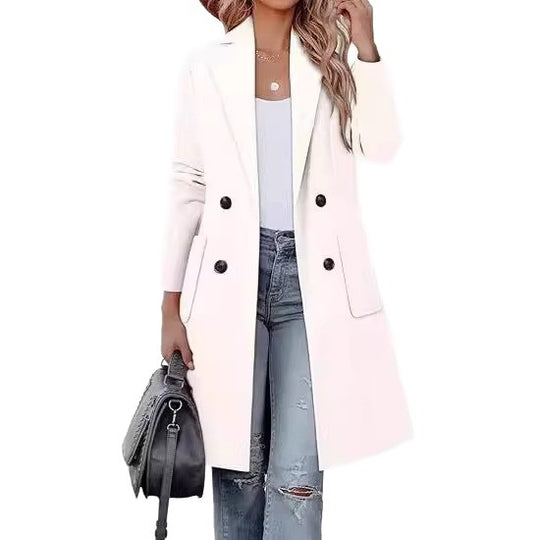 Damen Doppelreihiger Longblazer-Mantel mit aufgesetzten Taschen und taillierter Silhouette EB