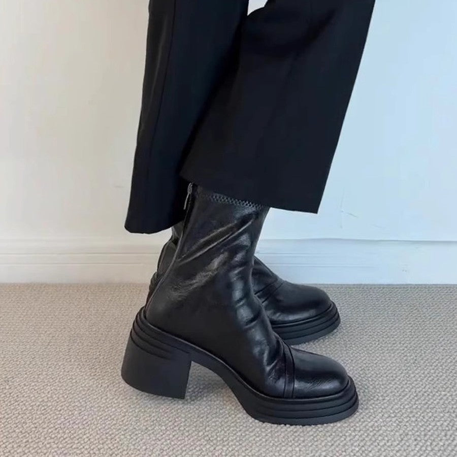 Damen Modische Stiefel mit Blockabsatz und glänzender Lederoberfläche EB