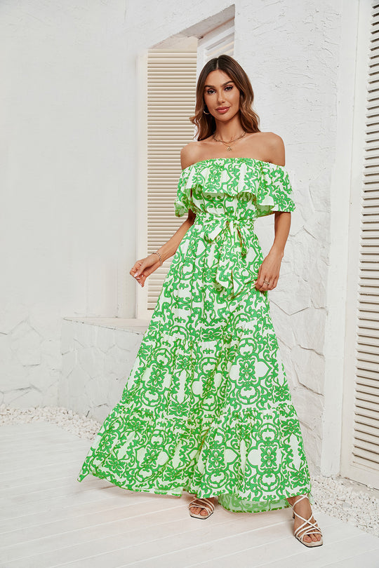 Damen Maxikleid mit schulterfreiem Design, frischem Blätterdruck und elastischer Taillierung EB