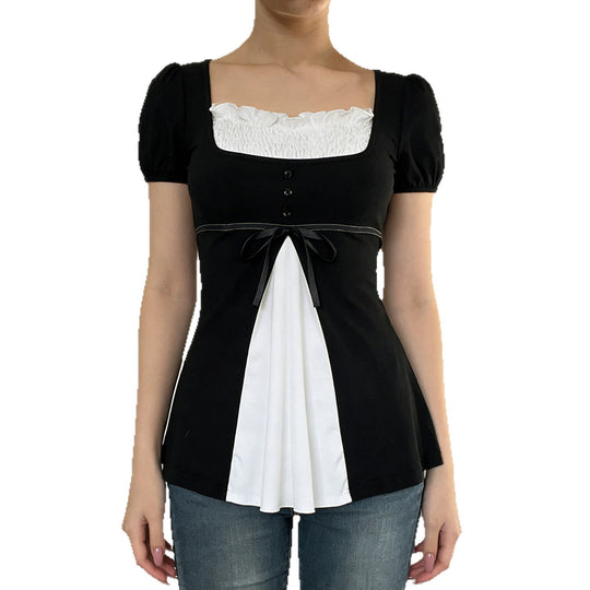 Damen elegantes Oberteil mit Puffärmeln und verspielten Schleifen EB