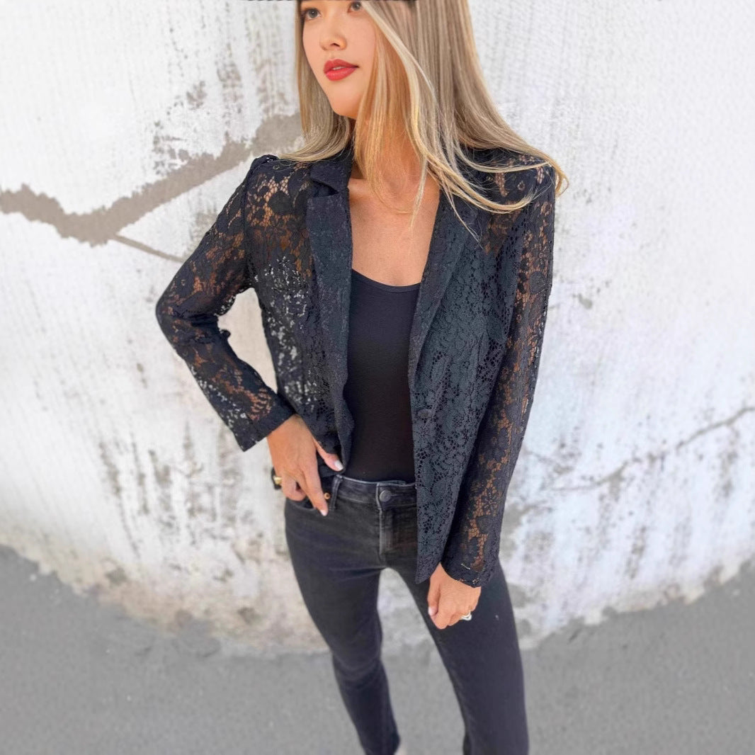 Damen Spitzenblazer mit eleganter Passform und zartem Durchbruchdesign EB