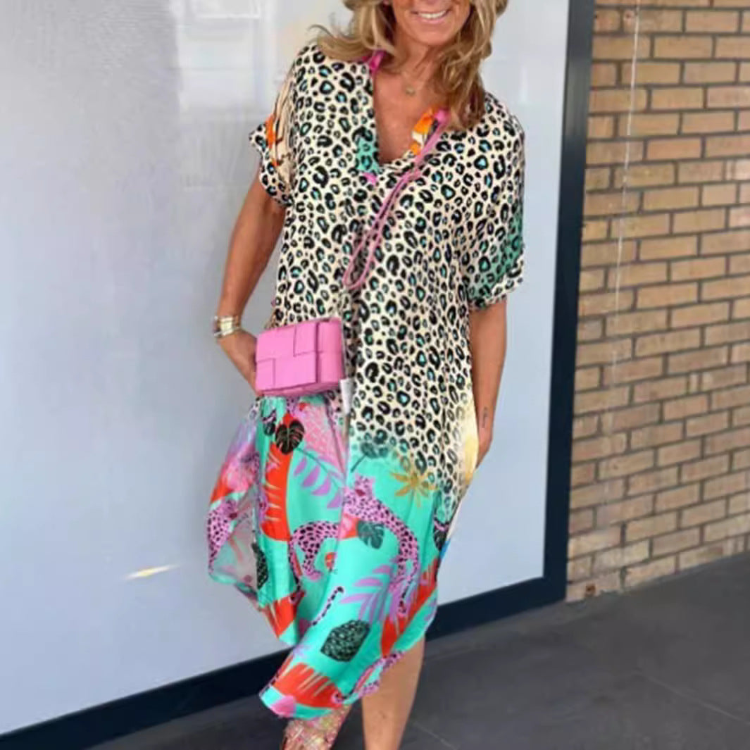 Damen nan weit geschnittenes V-Ausschnitt Midikleid mit Leoparden- und Tropenprint EB