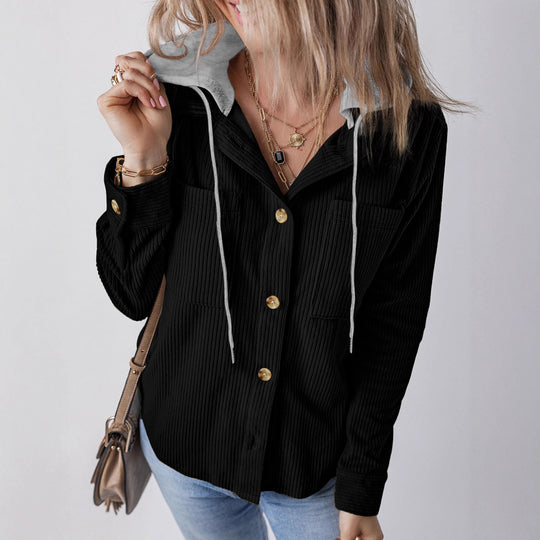 Damen Strukturierte Hemdjacke mit Kapuze und praktischen Taschen EB