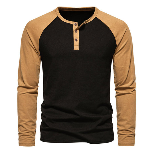Herren Langarm-Henley-Shirt mit kontrastierenden Ärmel und modischem Knopfdesign EB
