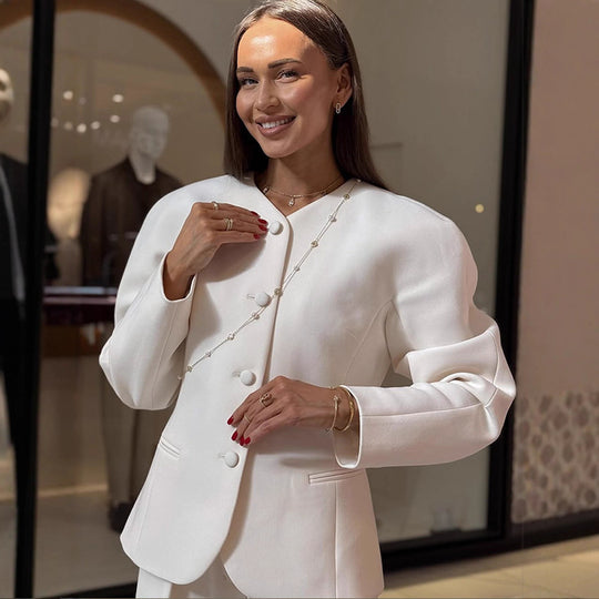 Damen Elegante Blazerjacke mit modischen Puffärmeln und dekorativem Knopfdesign EB